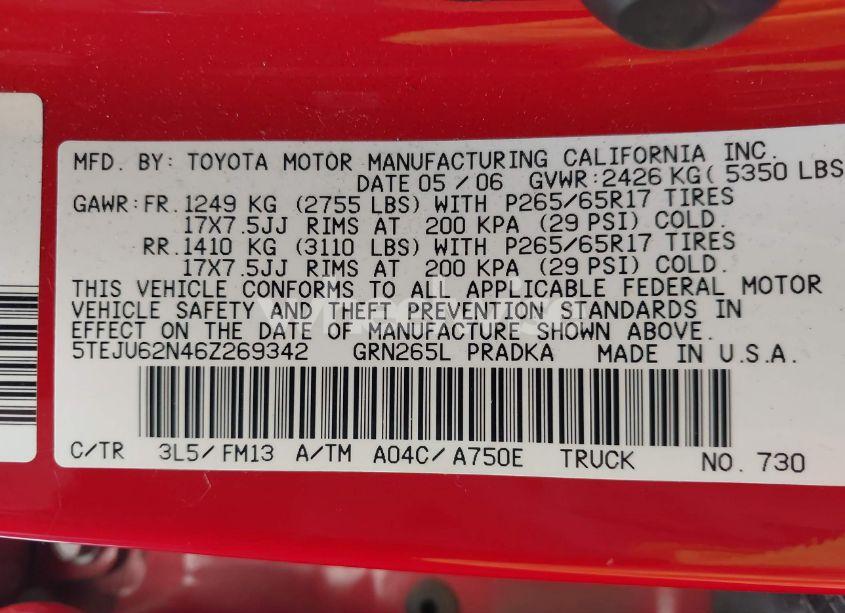 Photo 9 of 2006 Toyota Tacoma PRERUNNER V6 (VIN 5TEJU62N46Z269342)
