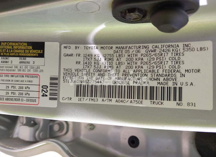 Photo 9 of 2006 Toyota Tacoma PRERUNNER (VIN 5TEJU62N46Z275447)