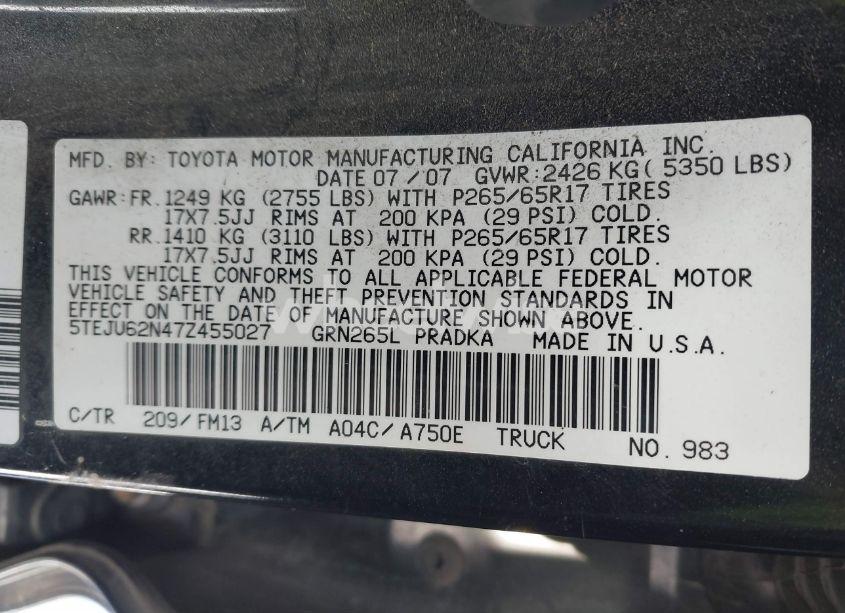 Photo 9 of 2007 Toyota Tacoma DOUBLE CAB PRERUNNER (VIN 5TEJU62N47Z455027)