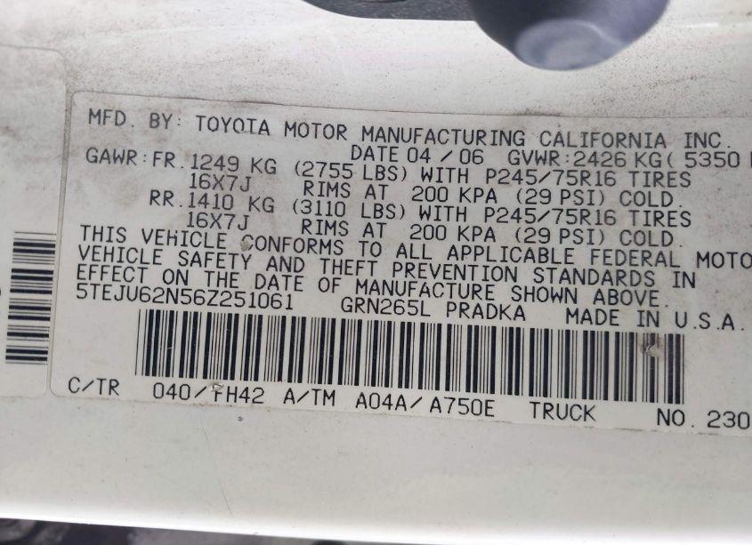 Photo 9 of 2006 Toyota Tacoma PRERUNNER V6 (VIN 5TEJU62N56Z251061)