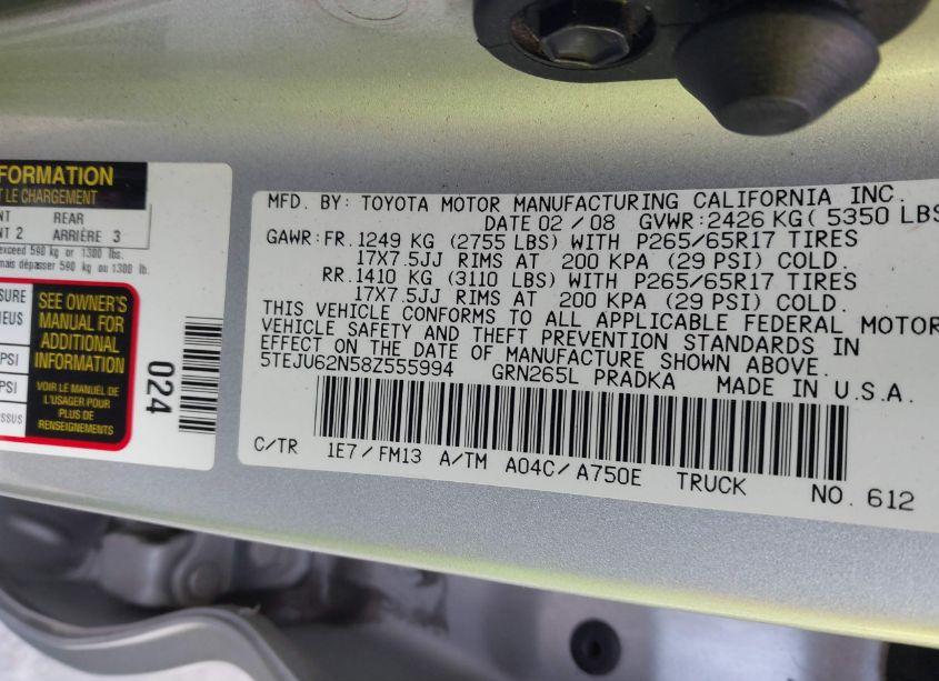 Photo 9 of 2008 Toyota Tacoma DOUBLE CAB PRERUNNER (VIN 5TEJU62N58Z555994)