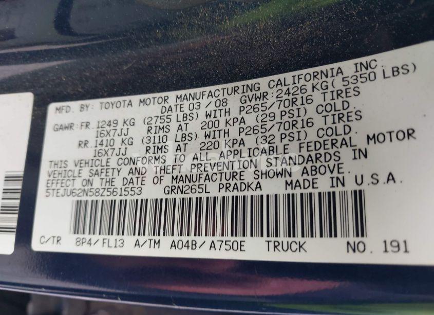 Photo 9 of 2008 Toyota Tacoma DOUBLE CAB PRERUNNER (VIN 5TEJU62N58Z561553)