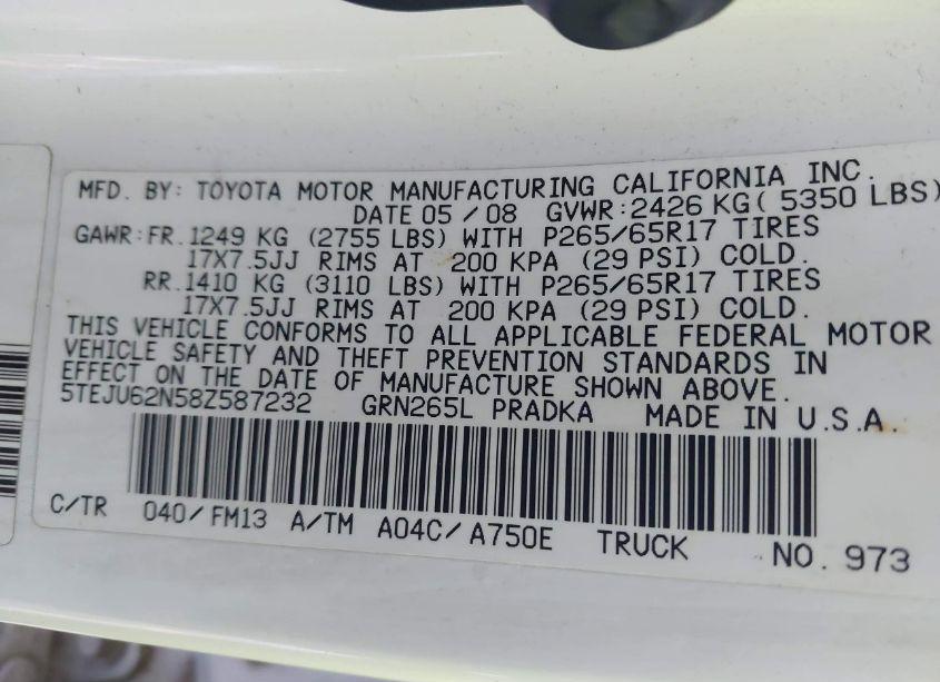 Photo 9 of 2008 Toyota Tacoma DOUBLE CAB PRERUNNER (VIN 5TEJU62N58Z587232)