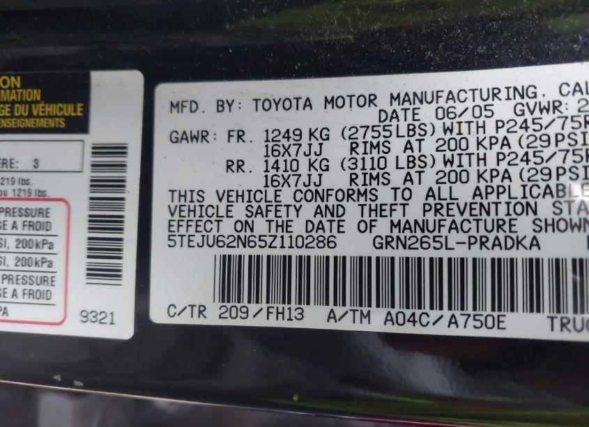 Photo 9 of 2005 Toyota Tacoma PRERUNNER V6 (VIN 5TEJU62N65Z110286)