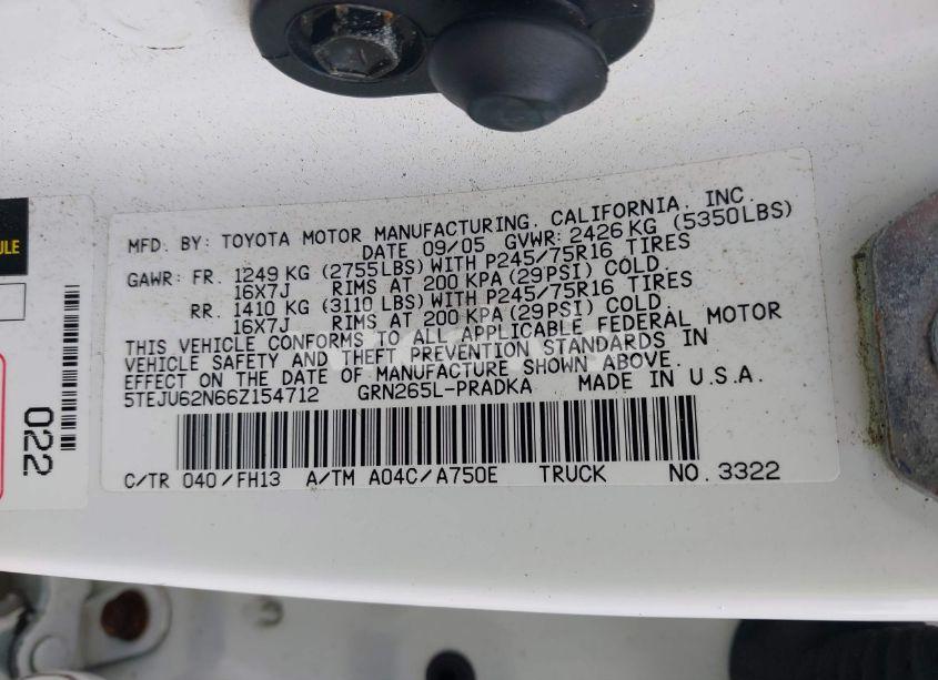 Photo 9 of 2006 Toyota Tacoma PRERUNNER V6 (VIN 5TEJU62N66Z154712)