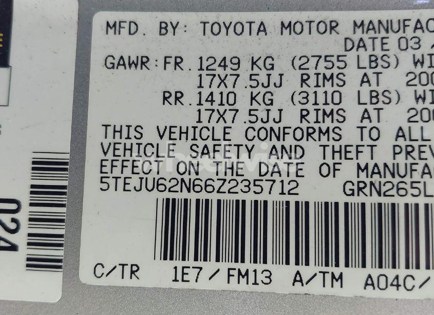 Photo 9 of 2006 Toyota Tacoma PRERUNNER V6 (VIN 5TEJU62N66Z235712)