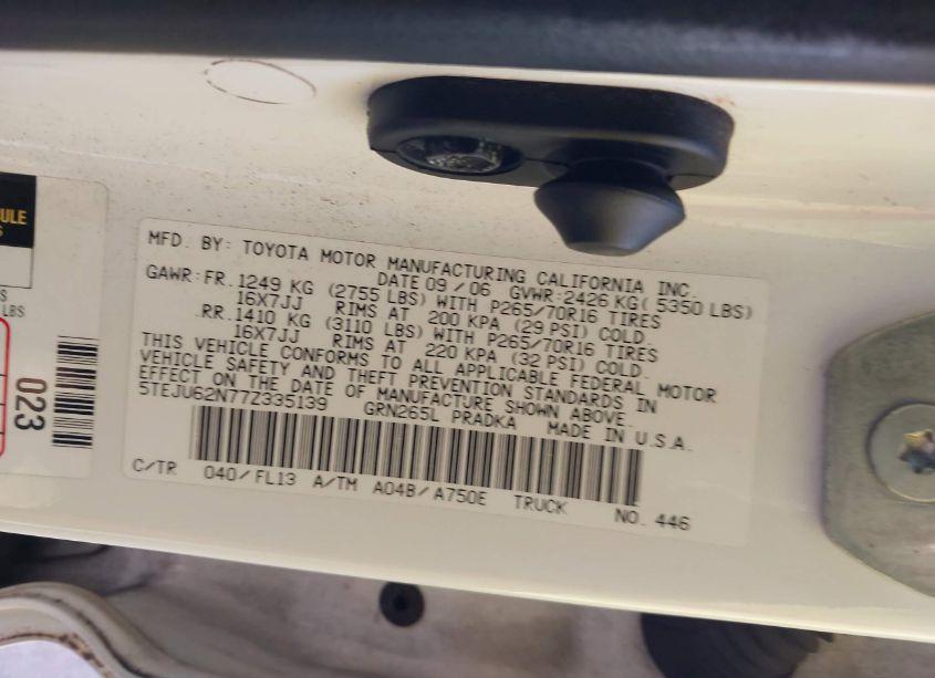 Photo 9 of 2007 Toyota Tacoma PRERUNNER V6 (VIN 5TEJU62N77Z335139)