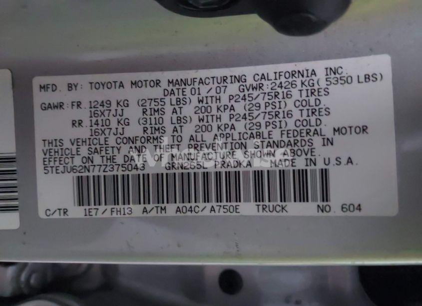Photo 9 of 2007 Toyota Tacoma PRERUNNER V6 (VIN 5TEJU62N77Z375043)
