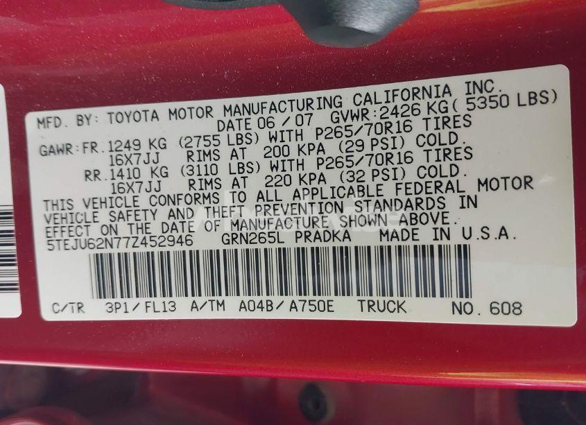 Photo 9 of 2007 Toyota Tacoma DOUBLE CAB PRERUNNER (VIN 5TEJU62N77Z452946)