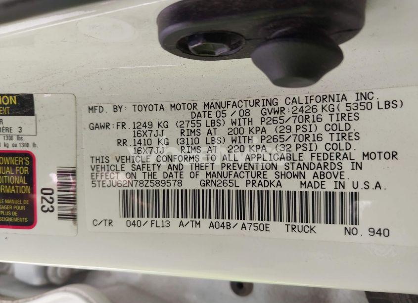 Photo 9 of 2008 Toyota Tacoma PRERUNNER V6 (VIN 5TEJU62N78Z589578)
