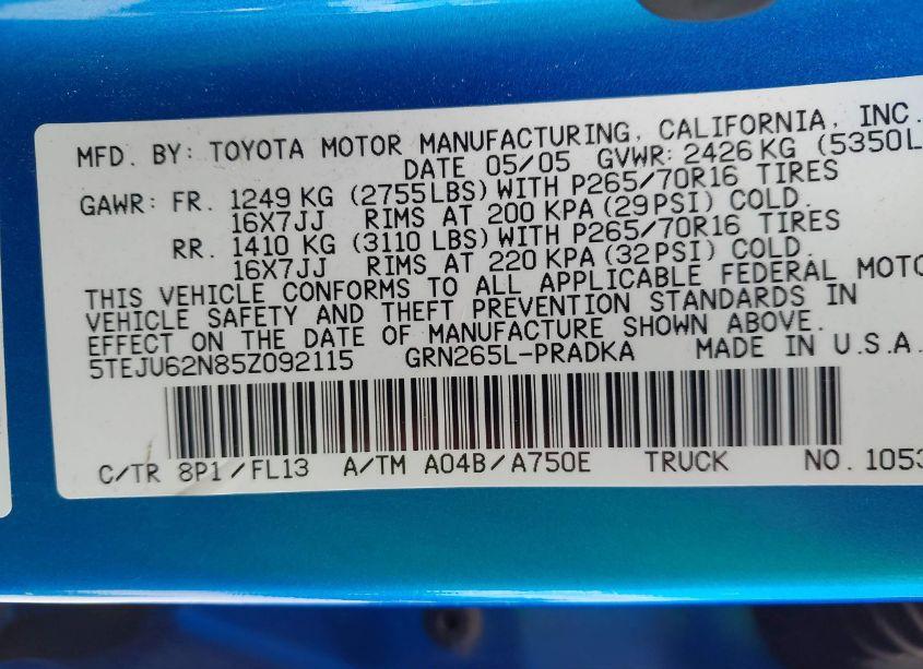Photo 9 of 2005 Toyota Tacoma DOUBLE CAB PRERUNNER (VIN 5TEJU62N85Z092115)