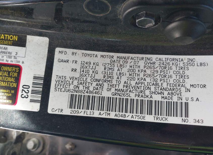 Photo 9 of 2008 Toyota Tacoma DOUBLE CAB PRERUNNER (VIN 5TEJU62N88Z486461)