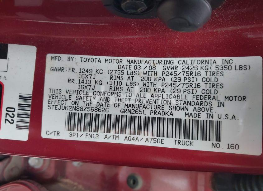 Photo 9 of 2008 Toyota Tacoma PRERUNNER V6 (VIN 5TEJU62N88Z568626)