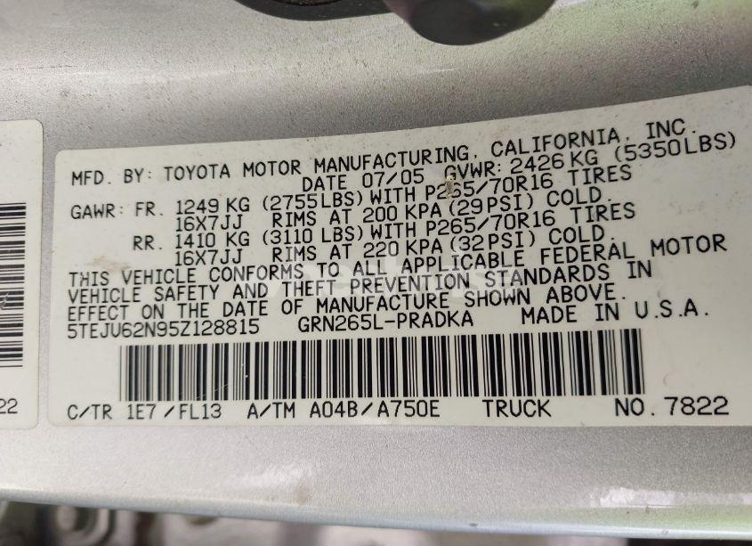 Photo 9 of 2005 Toyota Tacoma PRERUNNER V6 (VIN 5TEJU62N95Z128815)