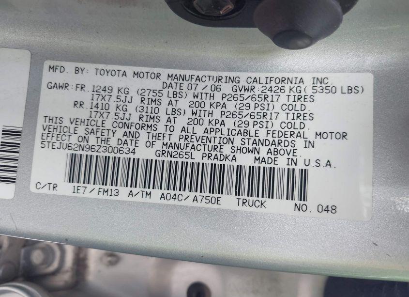 Photo 9 of 2006 Toyota Tacoma PRERUNNER V6 (VIN 5TEJU62N96Z300634)
