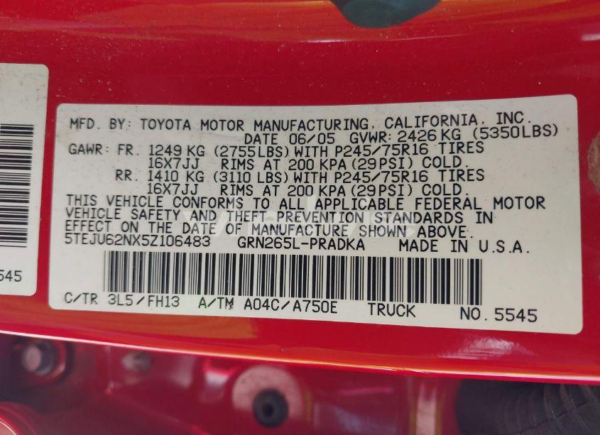 Photo 9 of 2005 Toyota Tacoma PRERUNNER V6 (VIN 5TEJU62NX5Z106483)