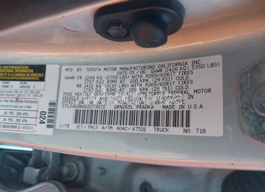 Photo 9 of 2006 Toyota Tacoma DOUBLE CAB PRERUNNER (VIN 5TEJU62NX6Z273072)