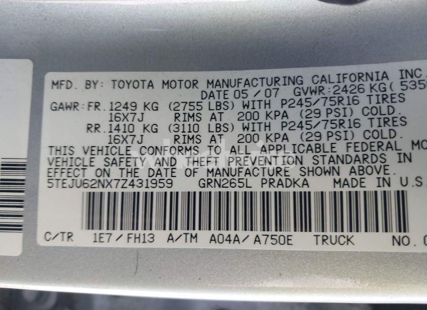 Photo 9 of 2007 Toyota Tacoma PRERUNNER V6 (VIN 5TEJU62NX7Z431959)