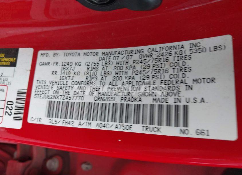 Photo 9 of 2007 Toyota Tacoma PRERUNNER V6 (VIN 5TEJU62NX7Z457770)