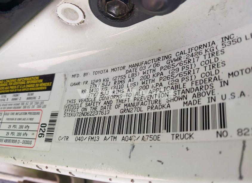 Photo 9 of 2006 Toyota Tacoma PRERUNNER V6 (VIN 5TEKU72N06Z237613)