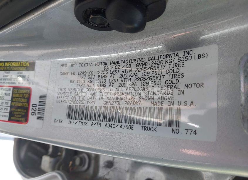 Photo 9 of 2008 Toyota Tacoma PRERUNNER V6 (VIN 5TEKU72N08Z550230)