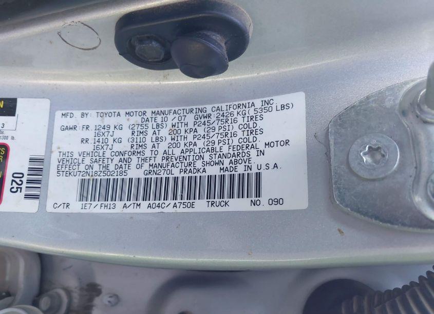 Photo 9 of 2008 Toyota Tacoma PRERUNNER V6 (VIN 5TEKU72N18Z502185)