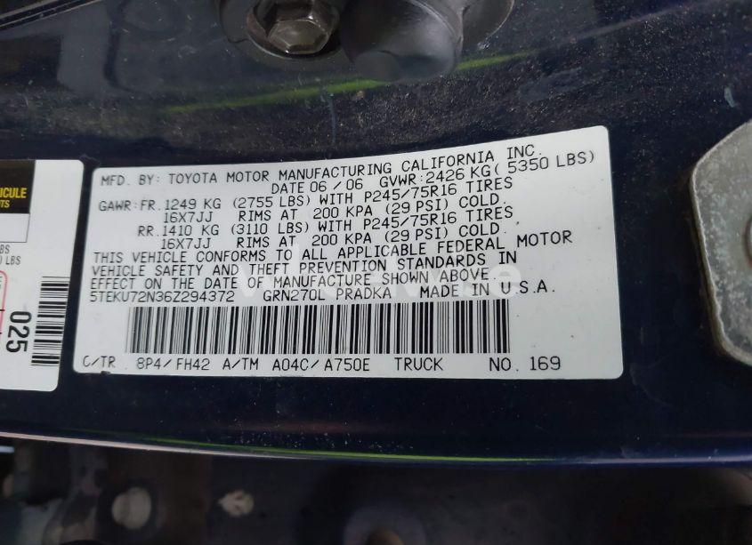 Photo 9 of 2006 Toyota Tacoma PRERUNNER V6 (VIN 5TEKU72N36Z294372)