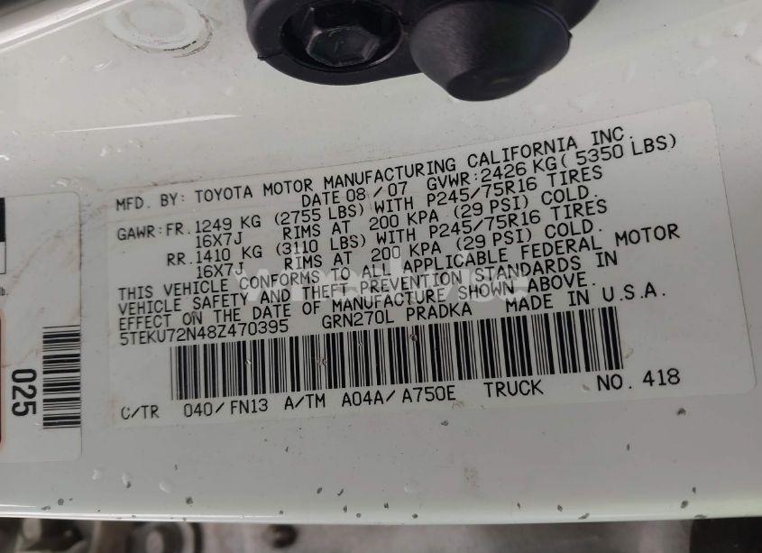 Photo 9 of 2008 Toyota Tacoma PRERUNNER V6 (VIN 5TEKU72N48Z470395)