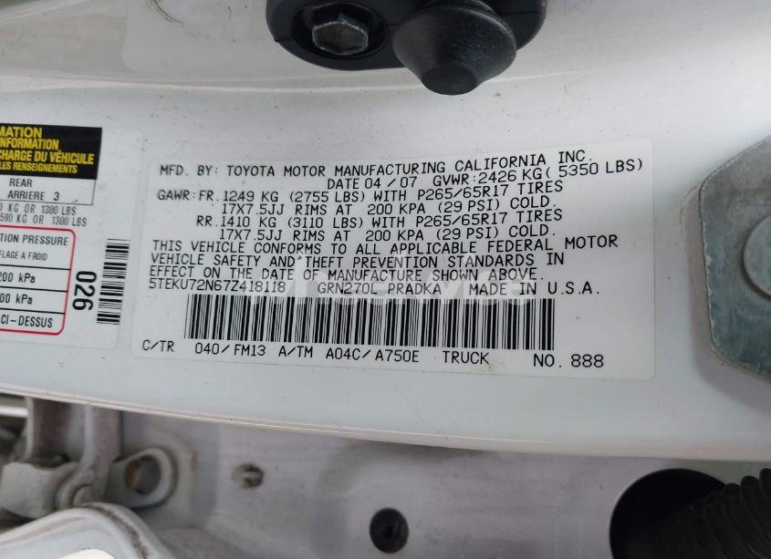 Photo 9 of 2007 Toyota Tacoma DBL CAB PRERUNNER LNG BED (VIN 5TEKU72N67Z418118)