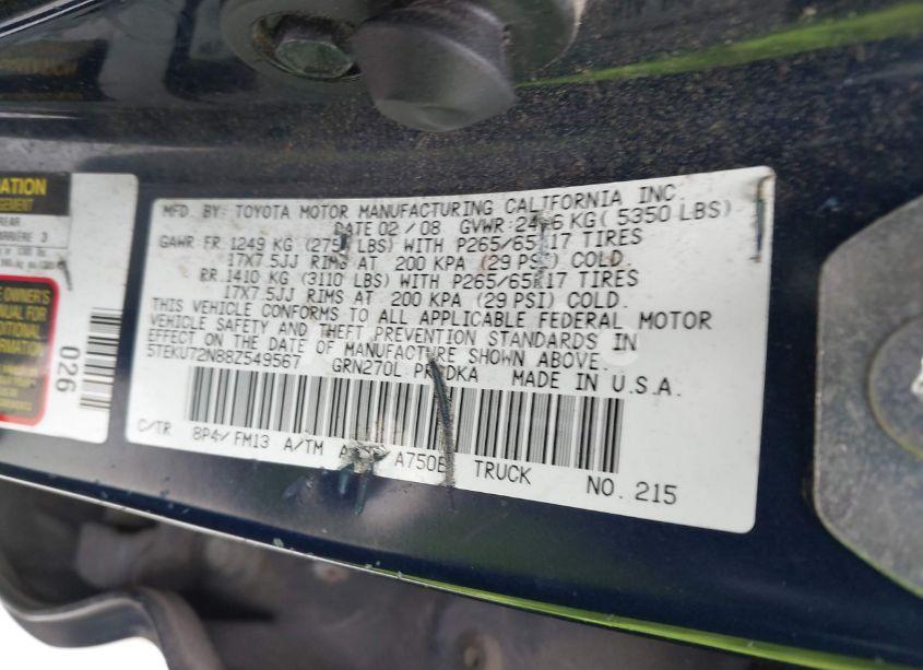 Photo 9 of 2008 Toyota Tacoma PRERUNNER V6 (VIN 5TEKU72N88Z549567)