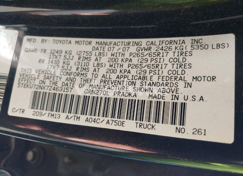 Photo 9 of 2007 Toyota Tacoma PRERUNNER V6 (VIN 5TEKU72NX7Z463157)