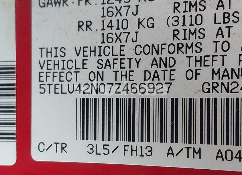 Photo 9 of 2007 Toyota Tacoma BASE V6 (VIN 5TELU42N07Z466927)