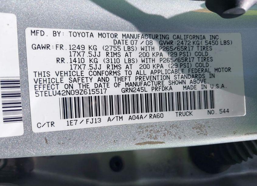 Photo 9 of 2009 Toyota Tacoma BASE V6 (VIN 5TELU42N09Z615517)