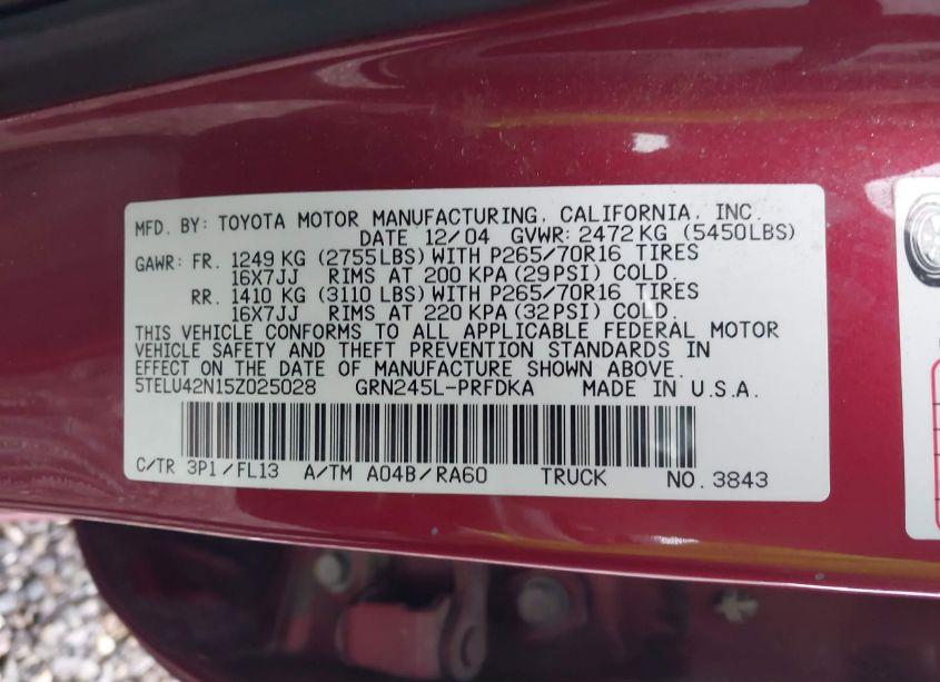 Photo 9 of 2005 Toyota Tacoma DOUBLE CAB (VIN 5TELU42N15Z025028)