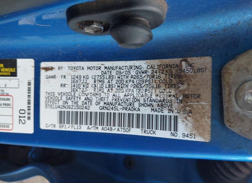 Photo 9 of 2006 Toyota Tacoma BASE V6 (VIN 5TELU42N16Z150242)