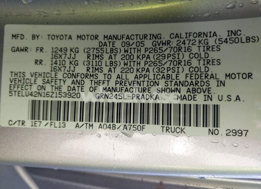 Photo 9 of 2006 Toyota Tacoma DOUBLE CAB (VIN 5TELU42N16Z153920)