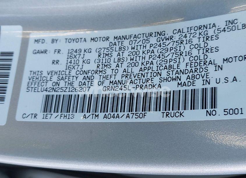 Photo 9 of 2005 Toyota Tacoma BASE V6 (VIN 5TELU42N25Z126207)