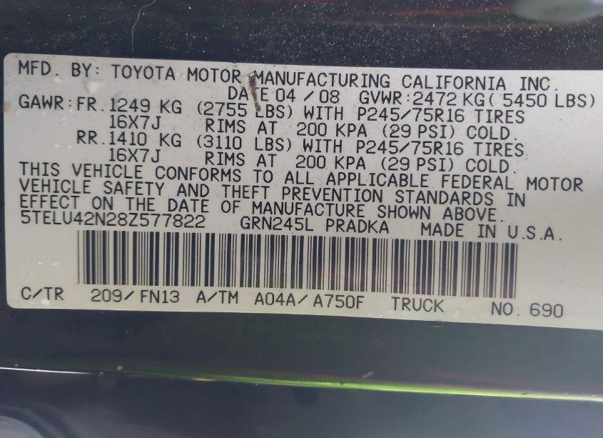 Photo 9 of 2008 Toyota Tacoma BASE V6 (VIN 5TELU42N28Z577822)
