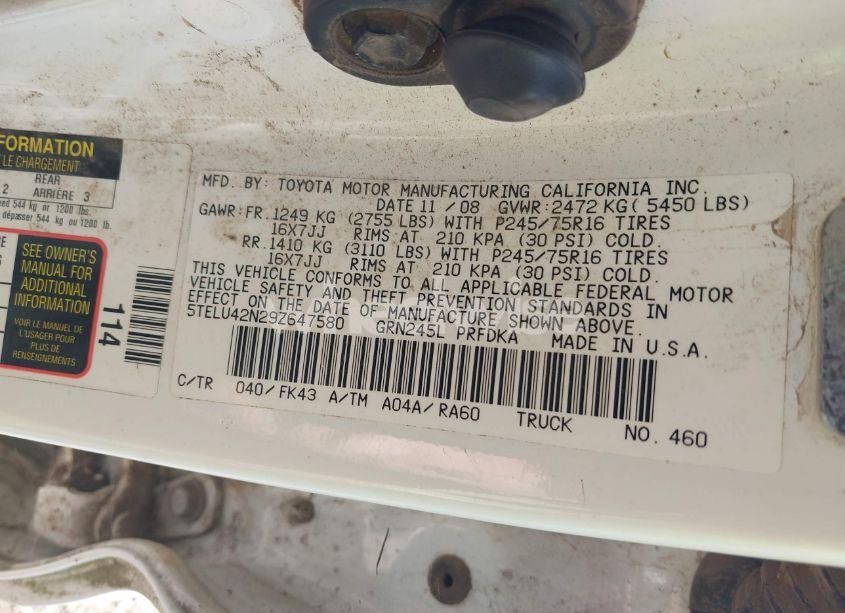 Photo 9 of 2009 Toyota Tacoma BASE V6 (VIN 5TELU42N29Z647580)