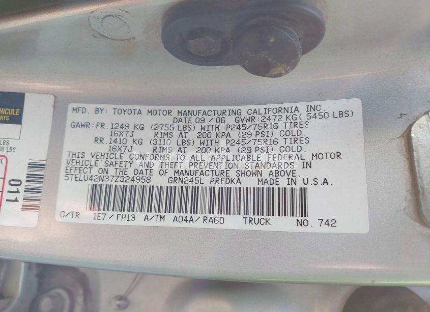 Photo 9 of 2007 Toyota Tacoma BASE V6 (VIN 5TELU42N37Z324958)