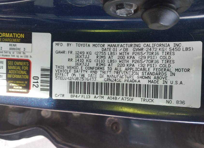 Photo 9 of 2008 Toyota Tacoma DOUBLE CAB (VIN 5TELU42N38Z536437)