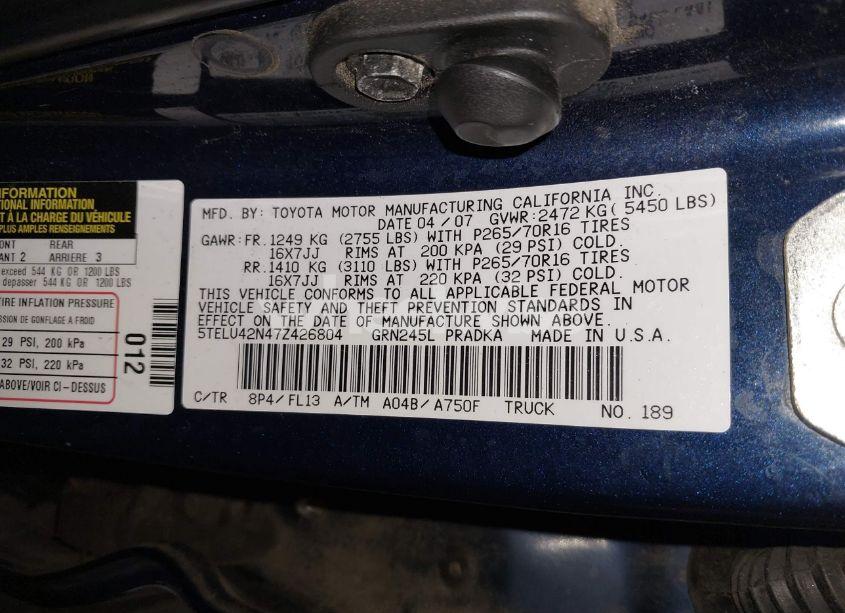 Photo 9 of 2007 Toyota Tacoma DOUBLE CAB (VIN 5TELU42N47Z426804)