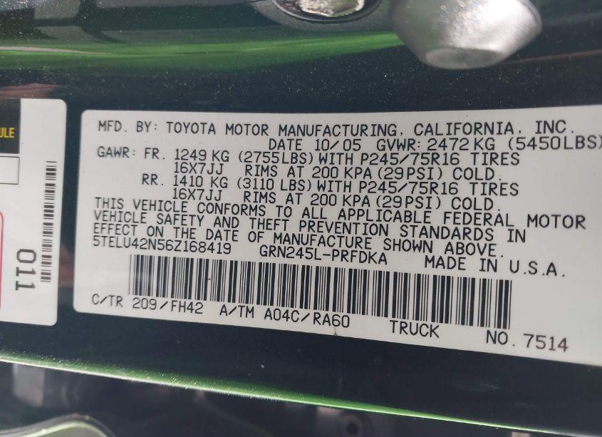 Photo 9 of 2006 Toyota Tacoma BASE V6 (VIN 5TELU42N56Z168419)