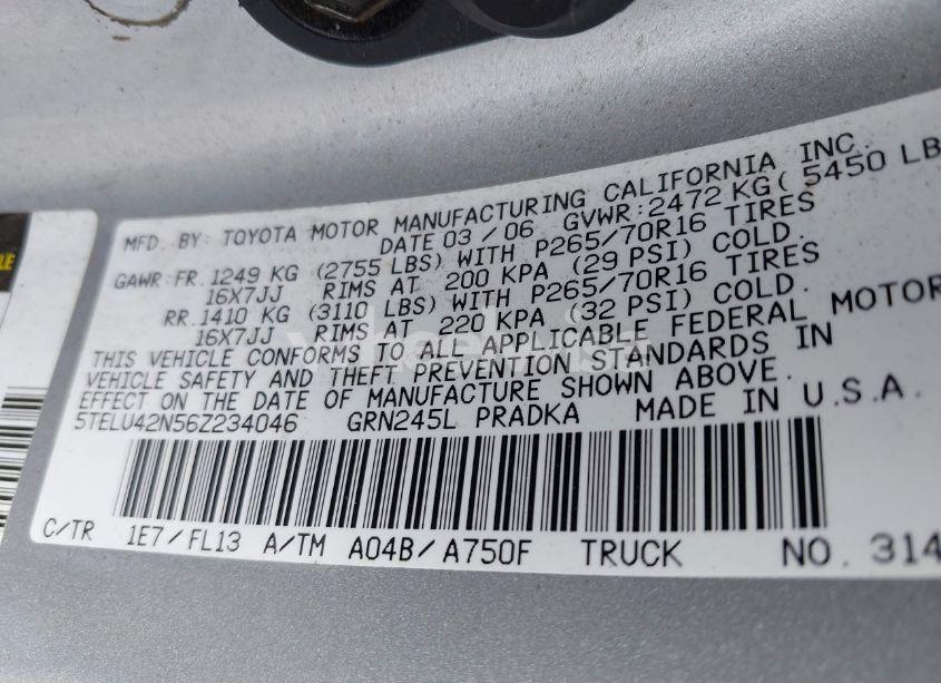 Photo 9 of 2006 Toyota Tacoma BASE V6 (VIN 5TELU42N56Z234046)