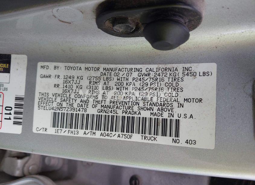 Photo 9 of 2007 Toyota Tacoma BASE V6 (VIN 5TELU42N57Z391478)