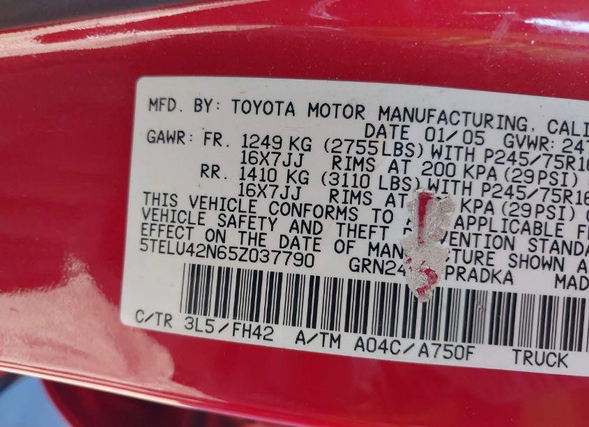 Photo 9 of 2005 Toyota Tacoma BASE V6 (VIN 5TELU42N65Z037790)