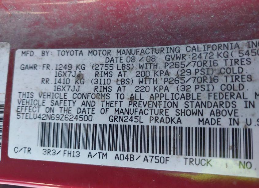Photo 9 of 2009 Toyota Tacoma BASE V6 (VIN 5TELU42N69Z624500)