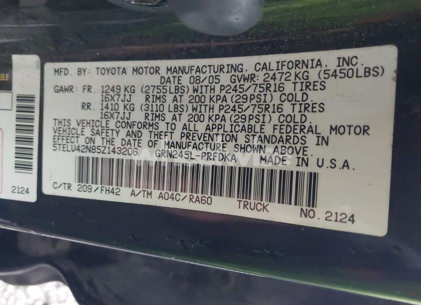 Photo 9 of 2005 Toyota Tacoma BASE V6 (VIN 5TELU42N85Z143206)