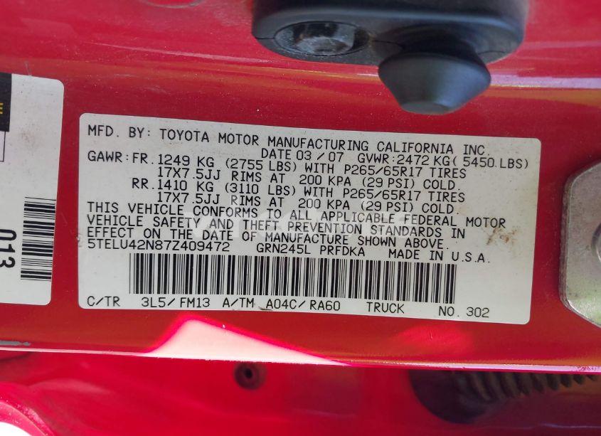 Photo 9 of 2007 Toyota Tacoma BASE V6 (VIN 5TELU42N87Z409472)
