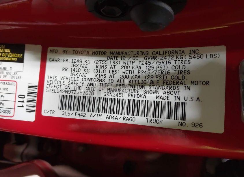 Photo 9 of 2007 Toyota Tacoma BASE V6 (VIN 5TELU42N97Z367670)